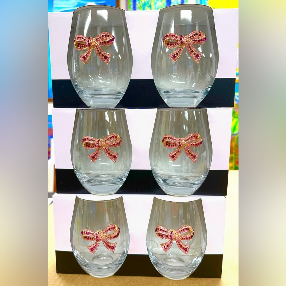 Stemless Wine Glasses - Rhinestone Bow Embellished Glasses - Set of 6